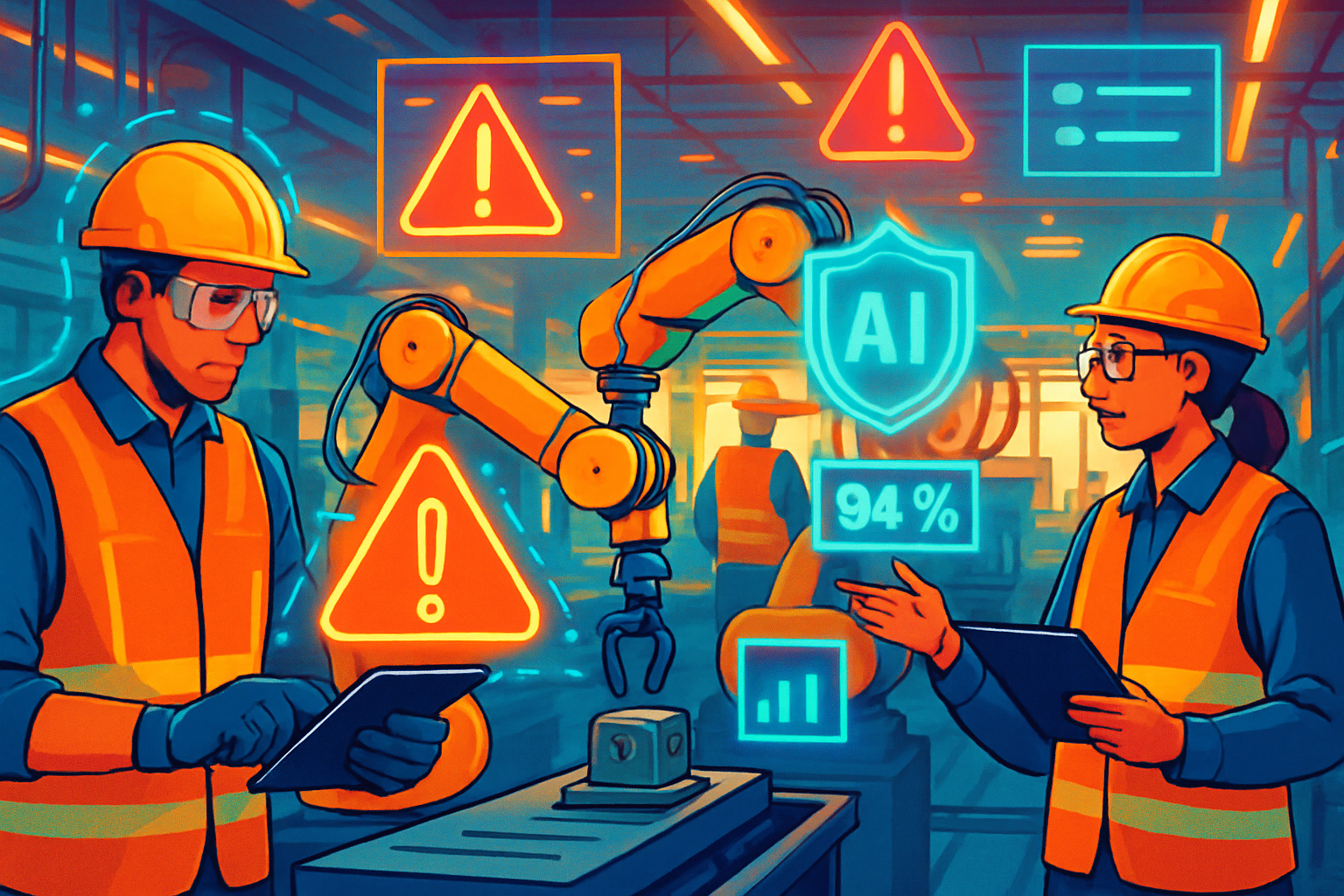 Industrial facility enhanced by AI Safety Intelligence and digital safety metrics.