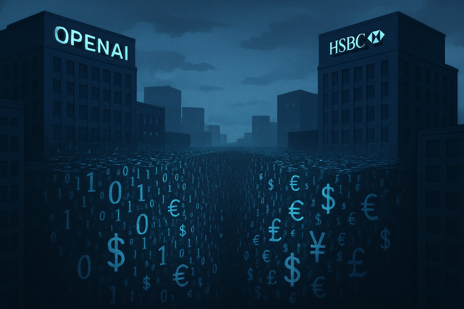 Financial Risk illustrated by a digital chasm separating HSBC and OpenAI buildings.