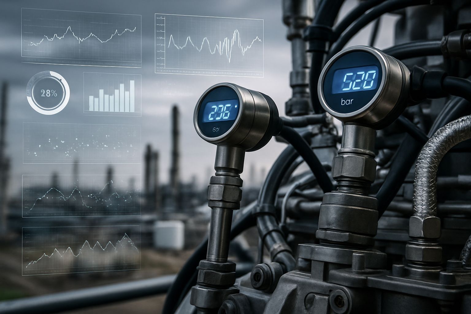 Industrial Tech showing advanced sensors on machinery with data overlays.