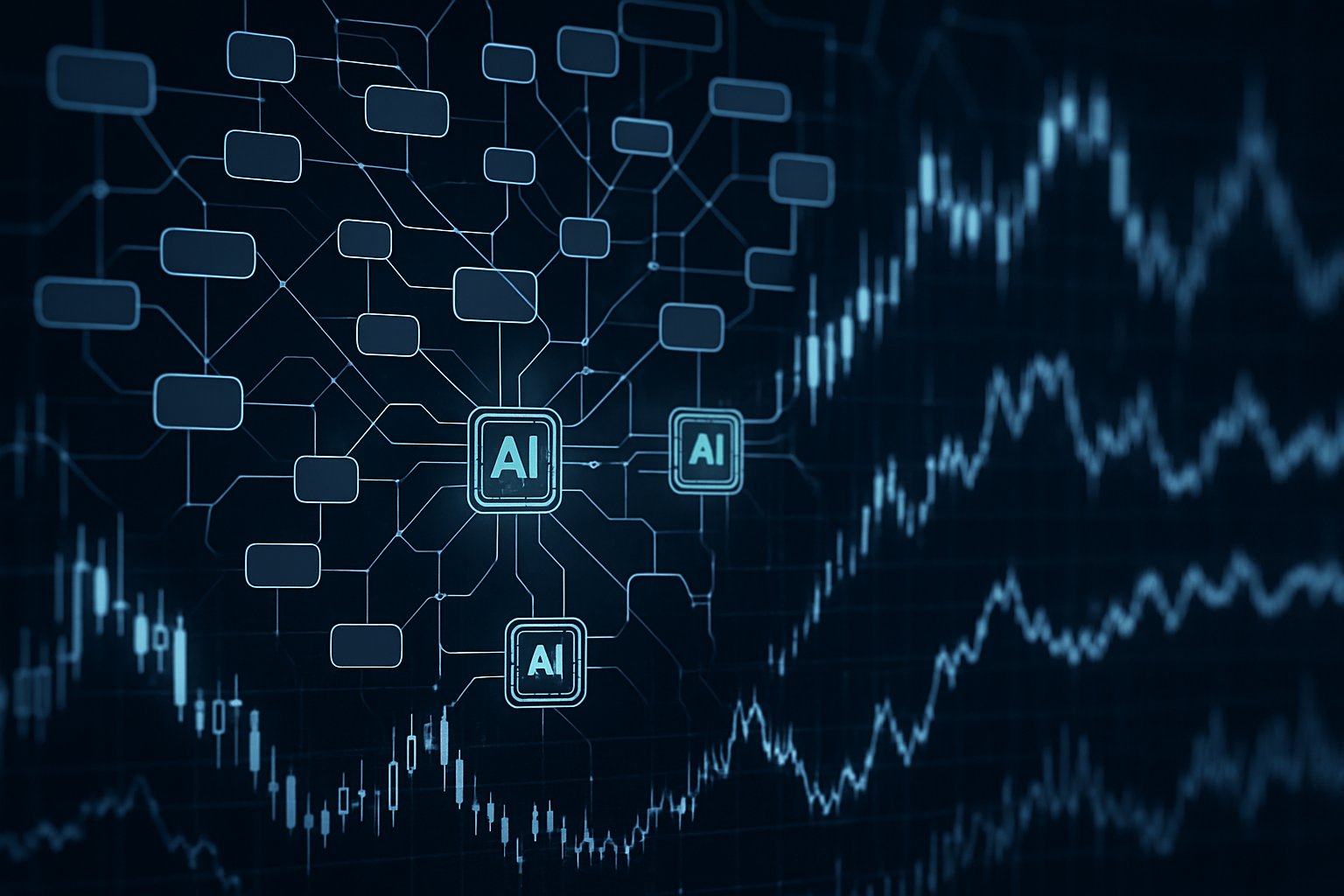 Algorithmic Trading chart with AI nodes forecasting market volatility.