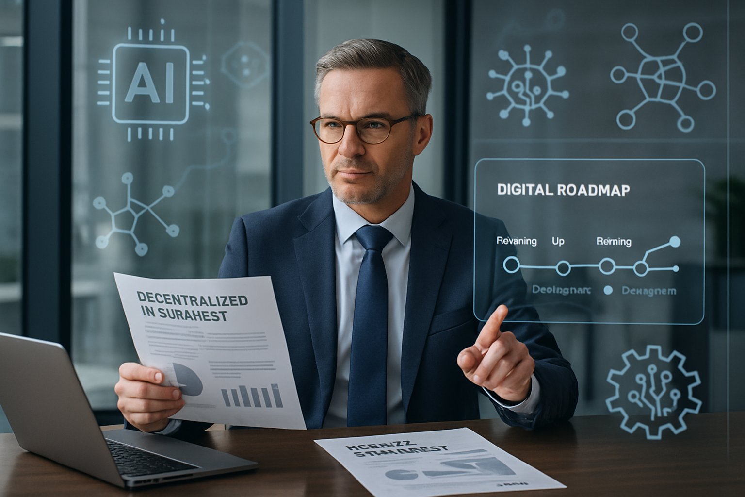 Business advisor discussing decentralized AI strategy in modern office.