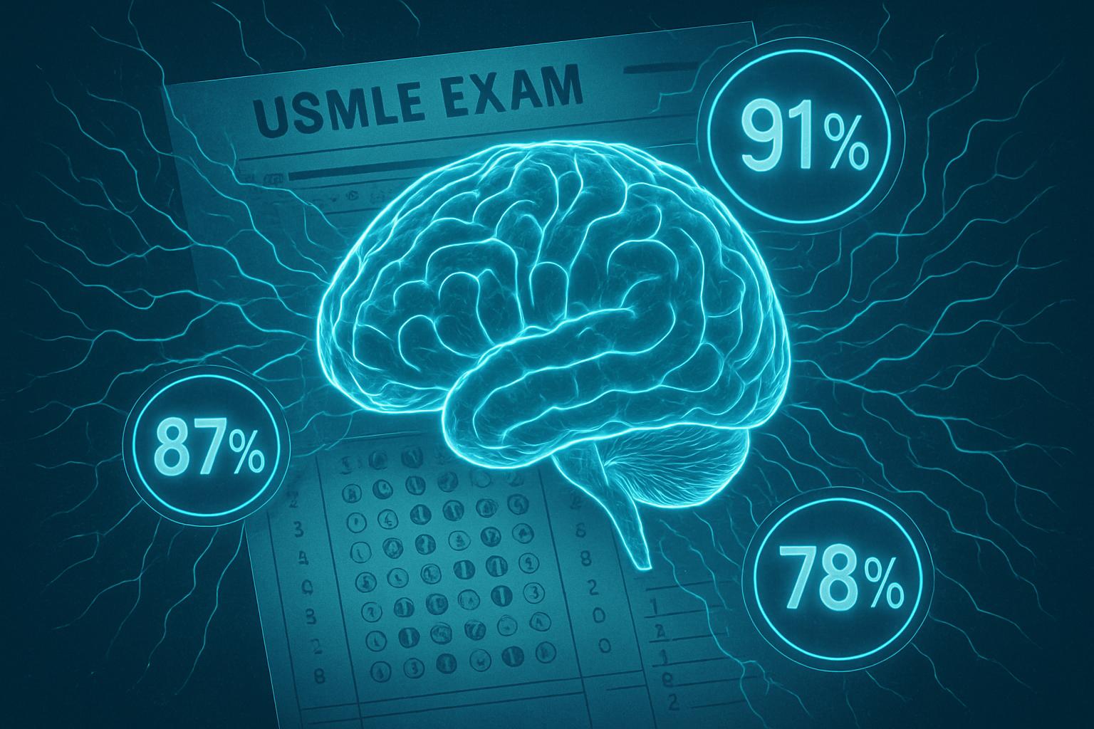 Medical AI achieves 91% USMLE accuracy shown by digital brain and exam imagery.