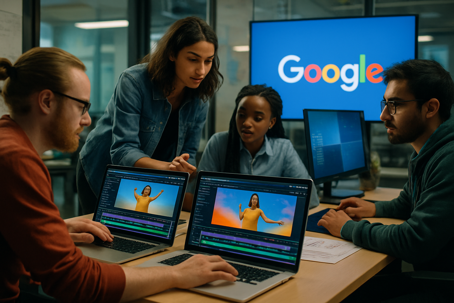 AI-generated advertising workflow with creators using generative tools for video ads.