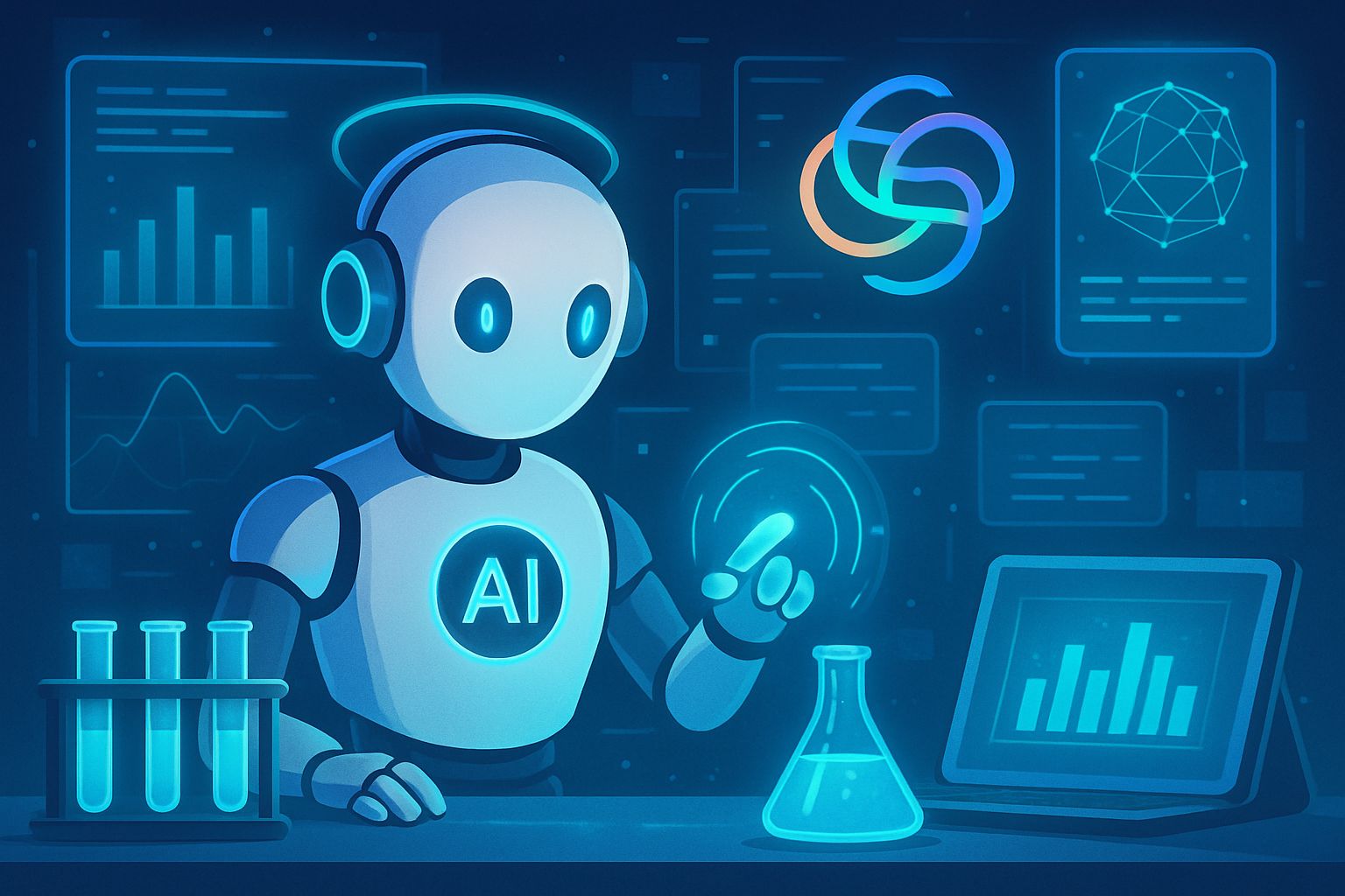 Embodied AI agent manipulating virtual objects in a simulated research environment.