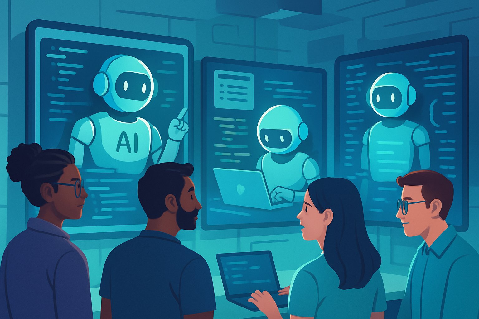 Diverse team leveraging autonomous software engineering and AI agents in a collaborative workspace.