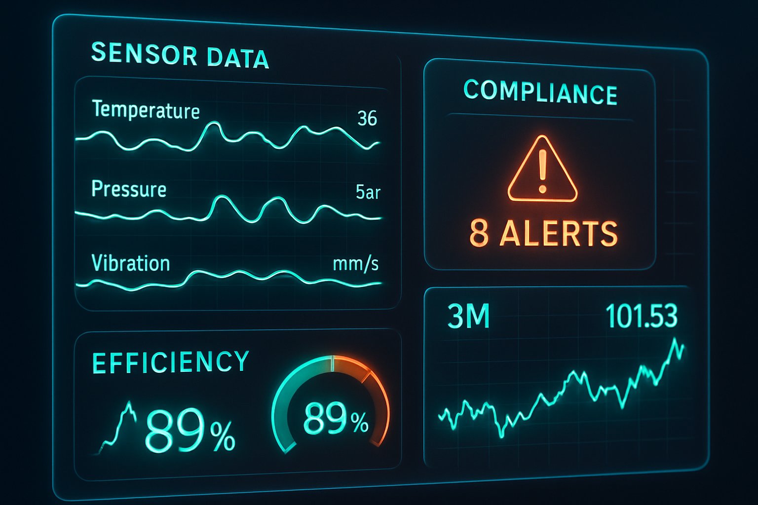 Industrial AI application dashboard displaying sensor analytics and compliance alerts.