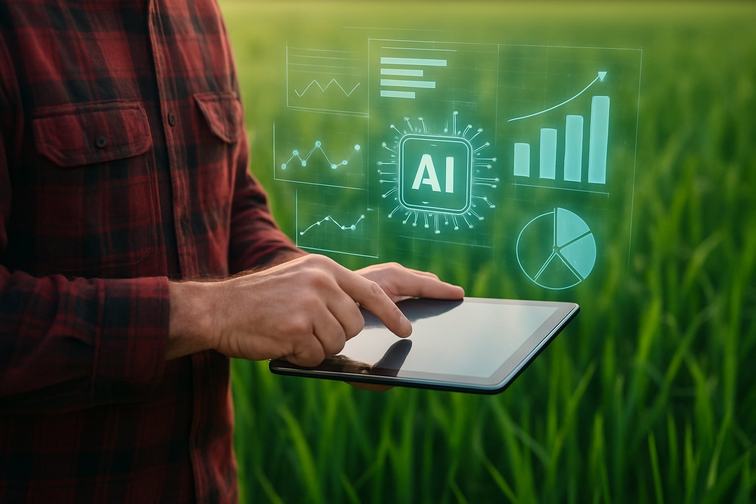 Farmer using AgriTech tablet for real-time AI analytics in the field