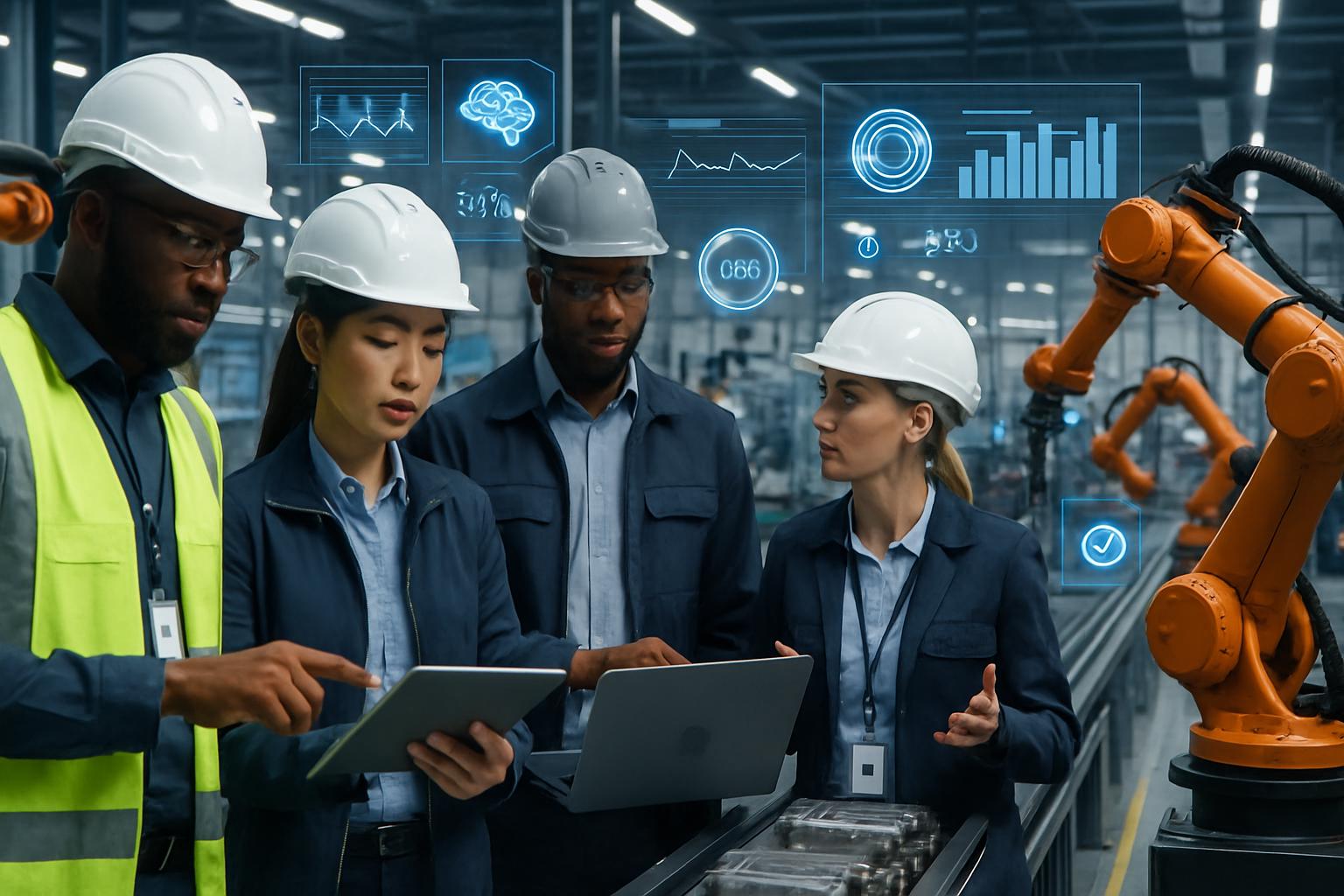 Engineers supervise AI-driven robotic assembly lines with industrial automation AI.