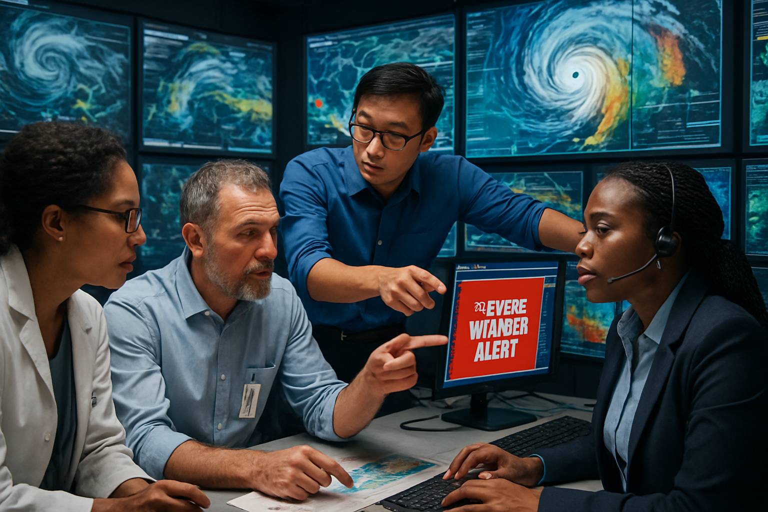 Climate AI experts collaborating to improve early warning systems for disasters.