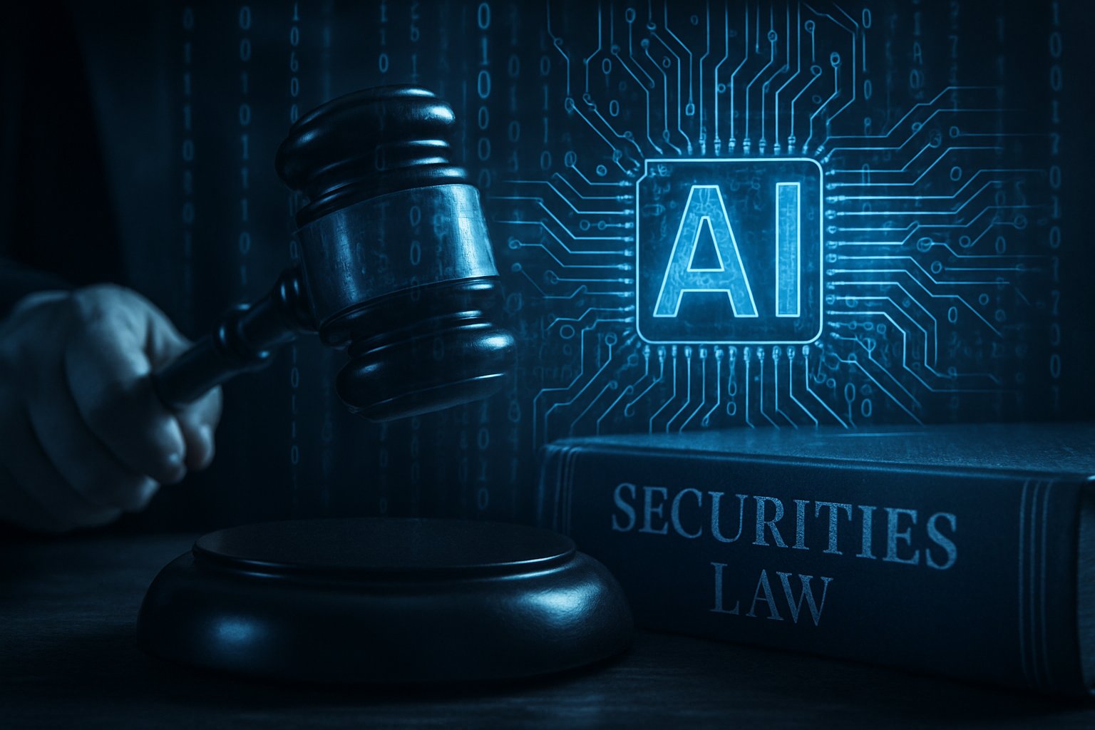 Judge’s gavel over digital AI symbols in Securities Law context.