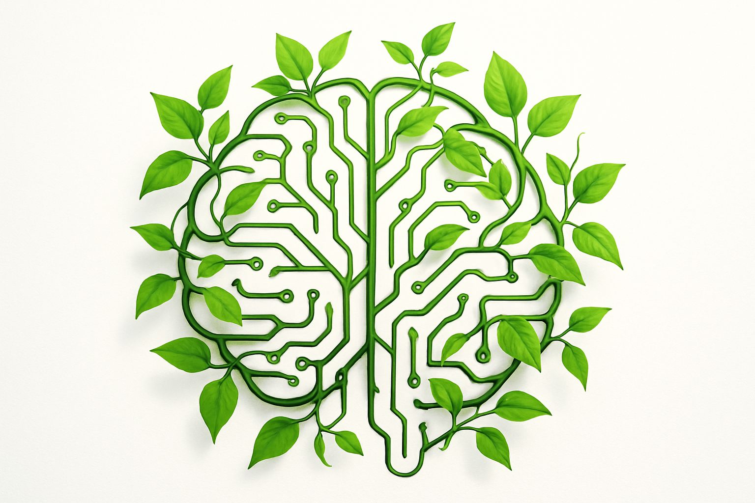 AI brain with green vines representing sustainable AI usage and eco-conscious technology.