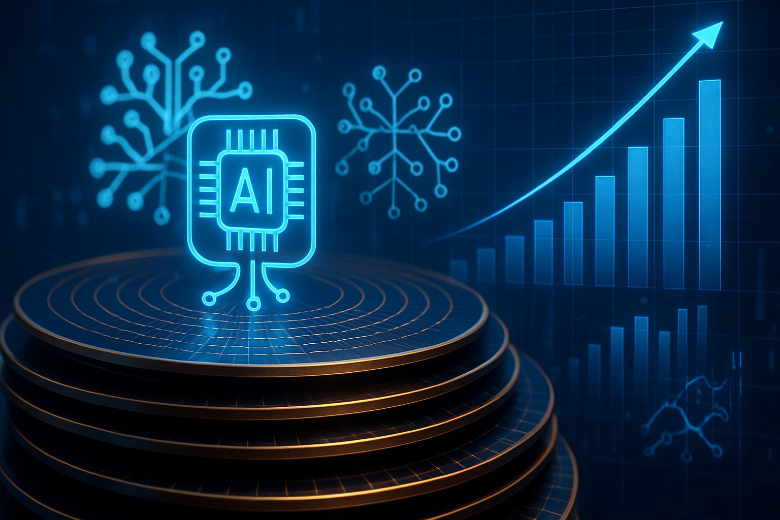 Silicon wafers and neural graphics emphasize chip design growth trajectory.