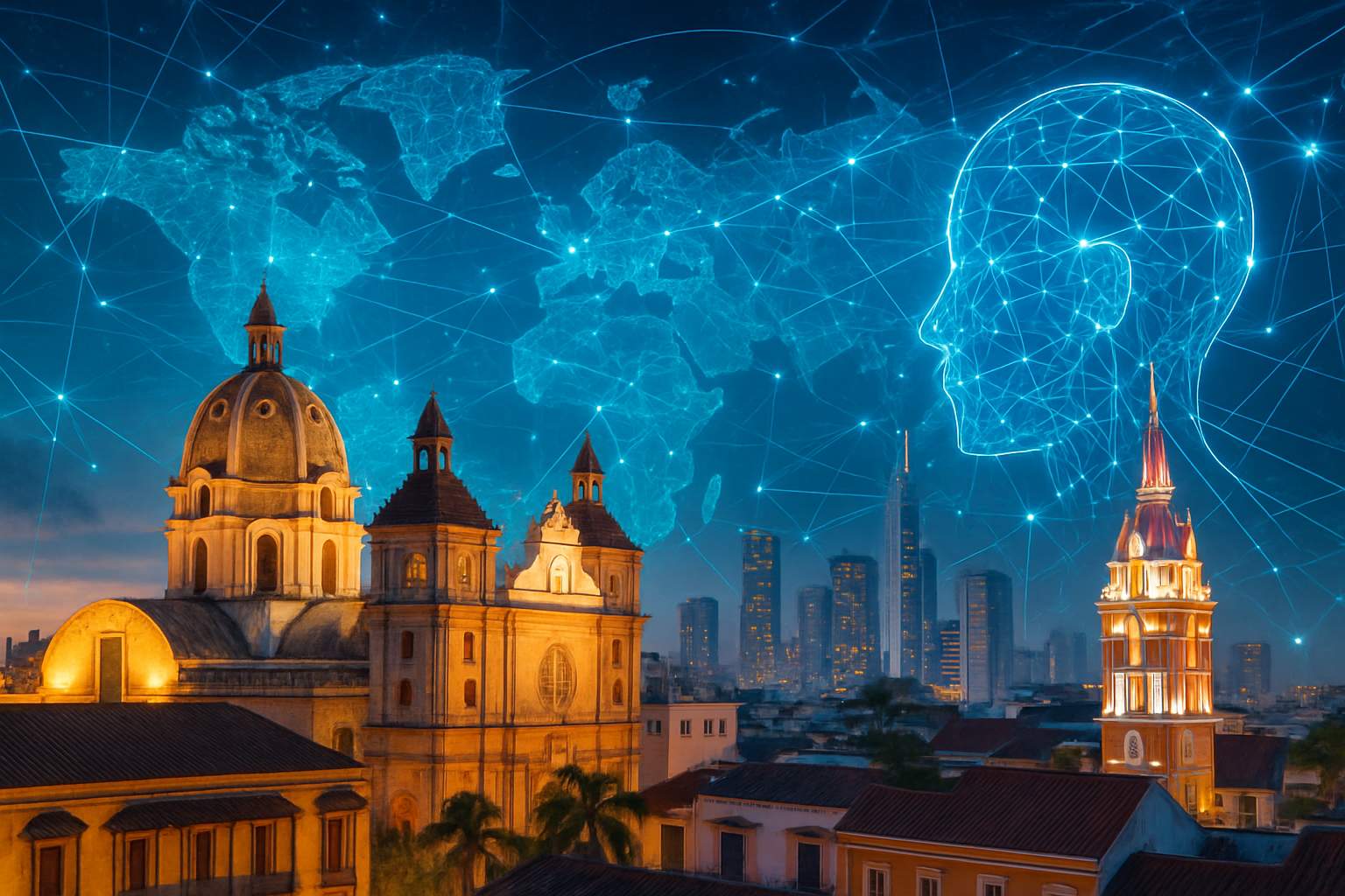 Futuristic Colombian city with AI network overlays for Global Governance topic.