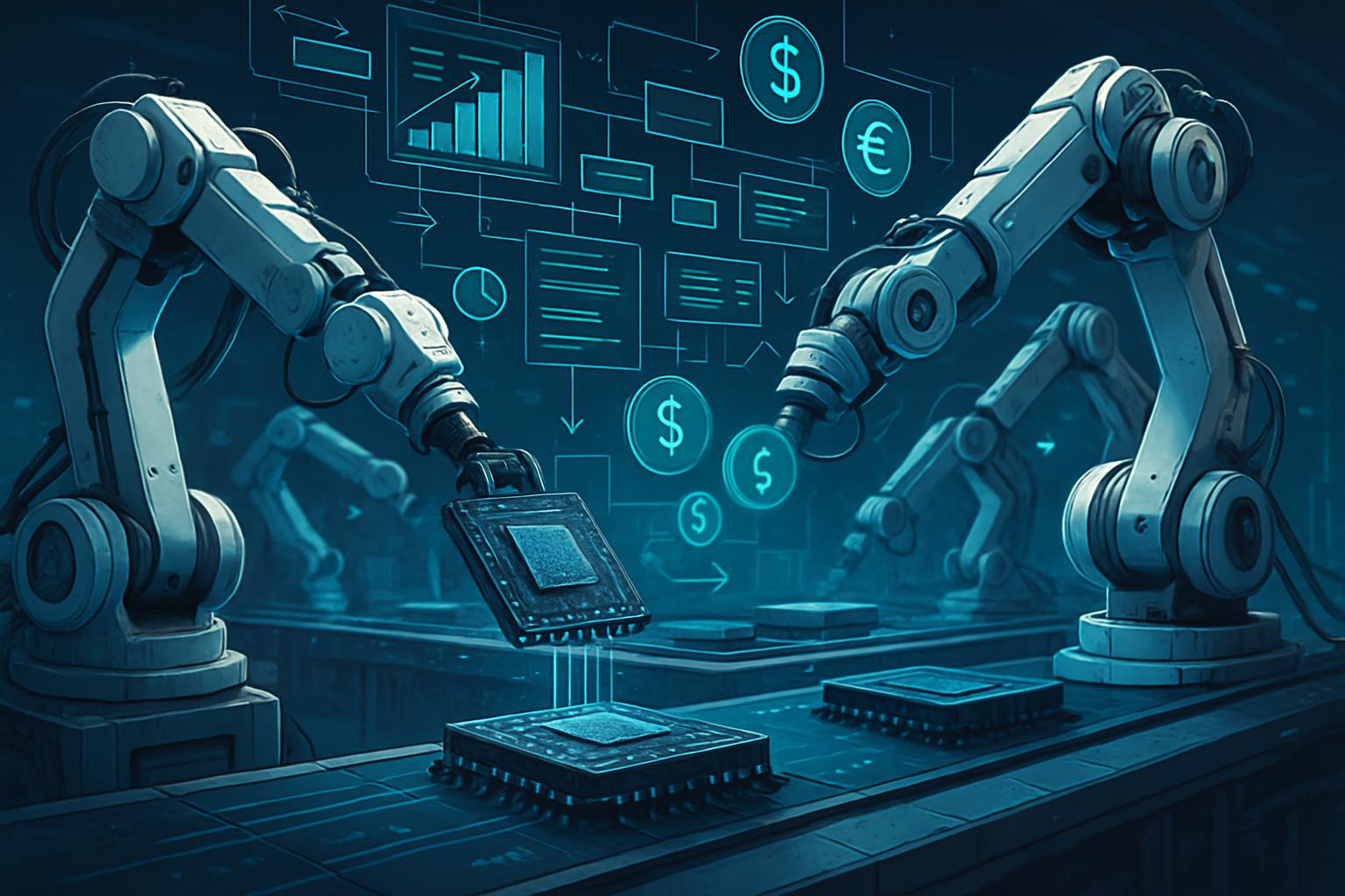 AI-driven robotic assembly line visualizes business model evolution in chip design.