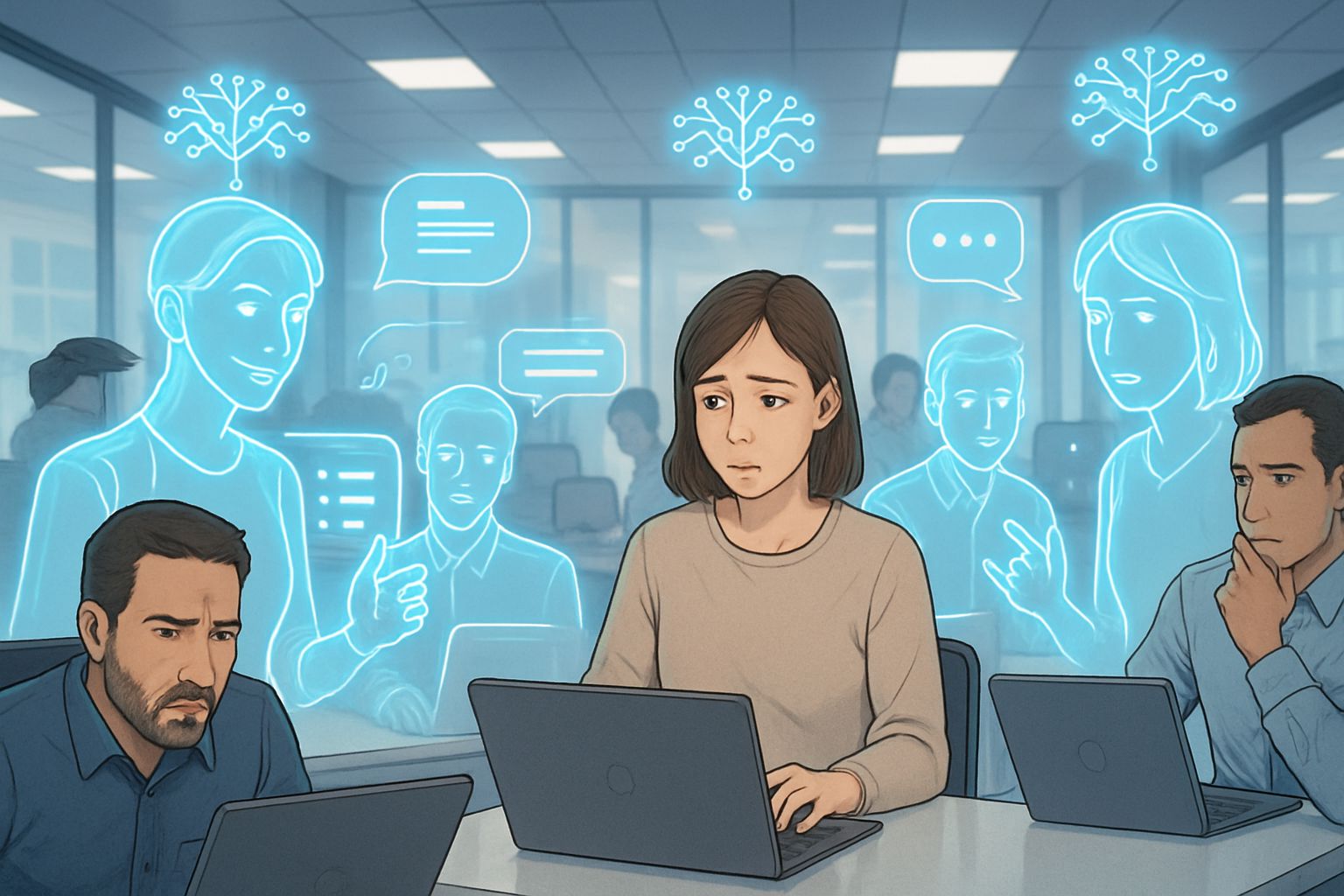 Office workers experience Cognitive Impact as AI holograms assist and influence workplace decisions.