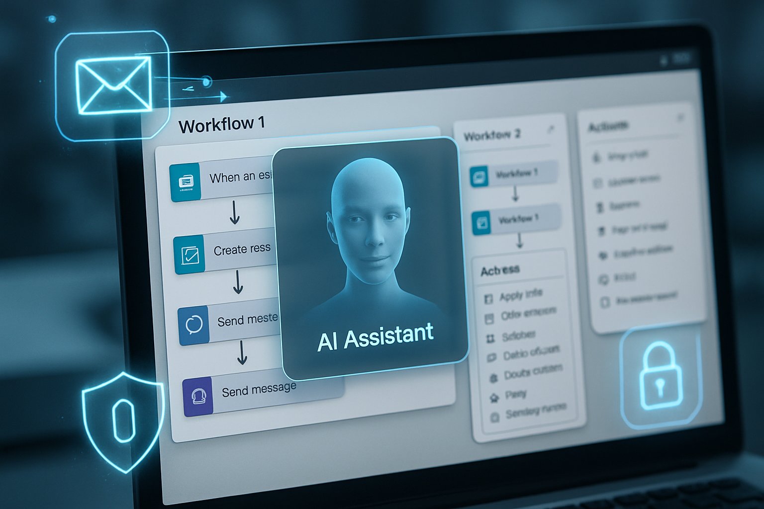 AI desktop automation assistant overlay protecting enterprise workflow with security icons.