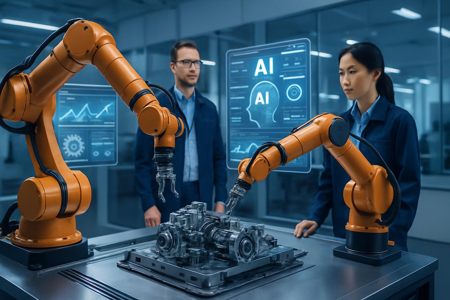 AI robotic arms assembling machinery reflecting physical AI advancement