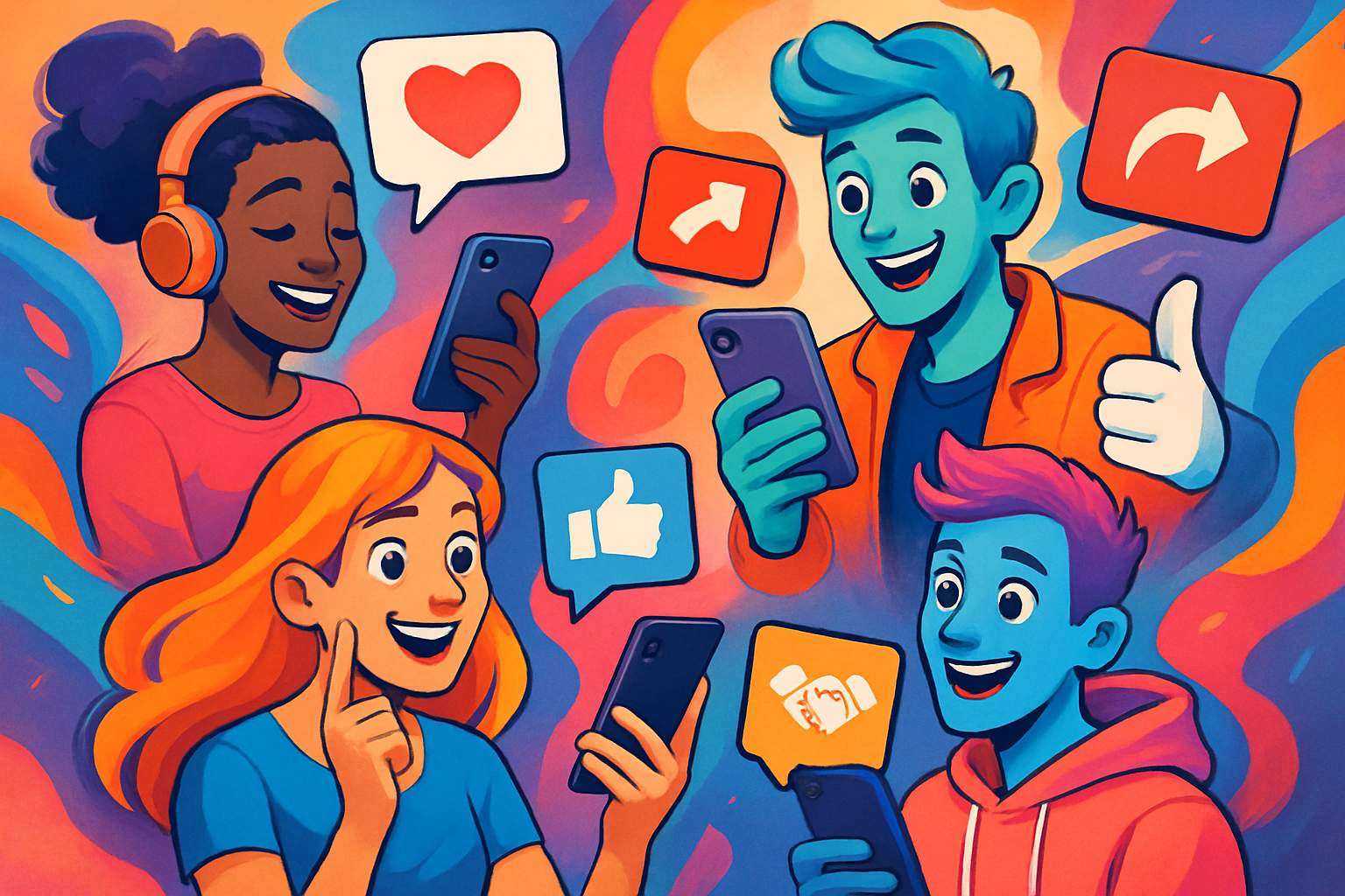 Creative AI avatars interacting on social media showcasing virtual influencer engagement.