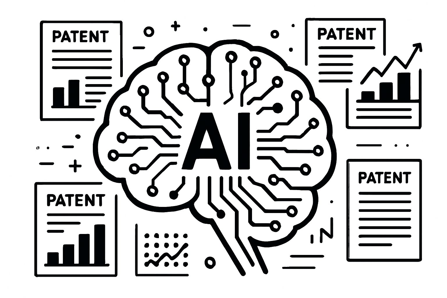 Innovation Analysis AI brain analyzing massive patent datasets and revealing trends.