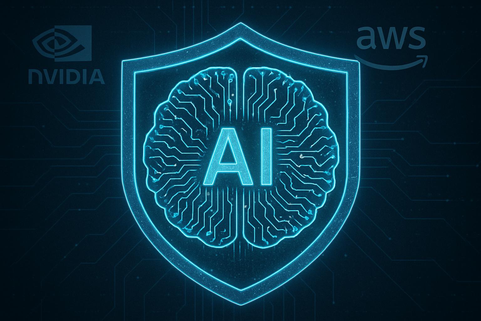 AI brain and shield emphasizing cyber security innovation with NVIDIA and AWS.