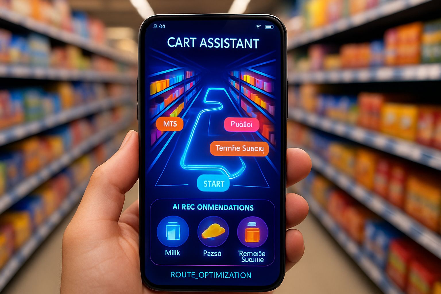 AI Grocery Navigation app interface showing mapped aisles and guided paths for shoppers.