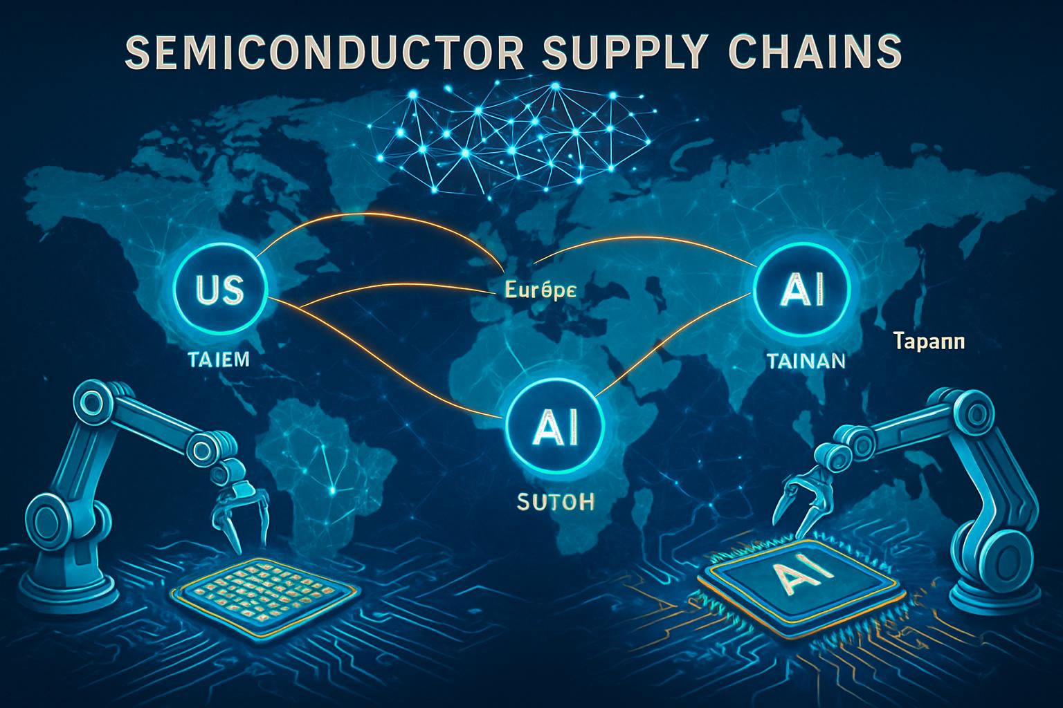 AI Semiconductor Surge global supply chain map with connected chip hubs.
