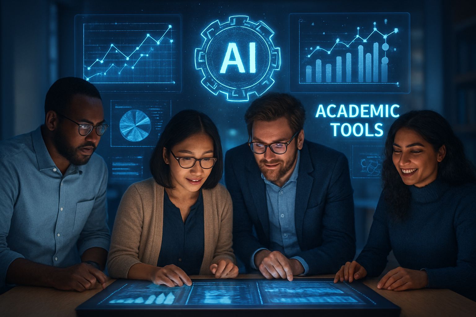 Researchers using Academic Tools with AI-powered analytics features