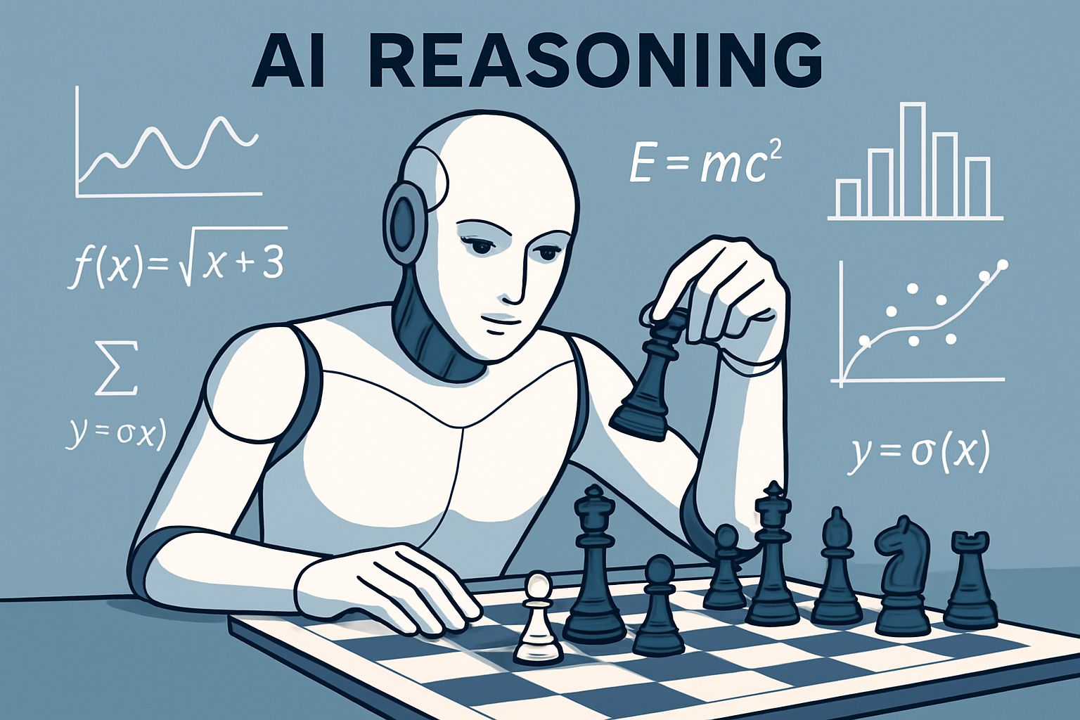 AI Reasoning demonstrated by AI figure playing chess with math symbols in background.