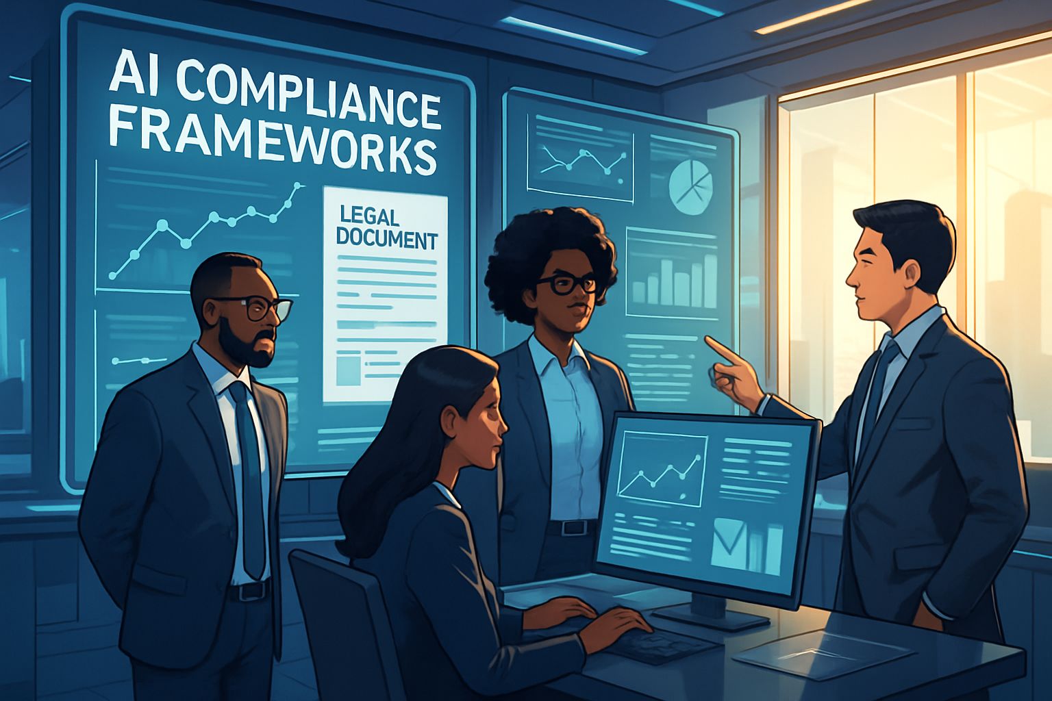 AI Compliance team reviews data privacy regulations on digital displays in modern office.