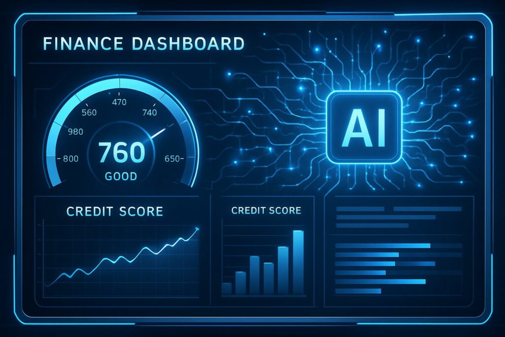 Futuristic dashboard illustrating AI in Finance for credit scoring advancements.