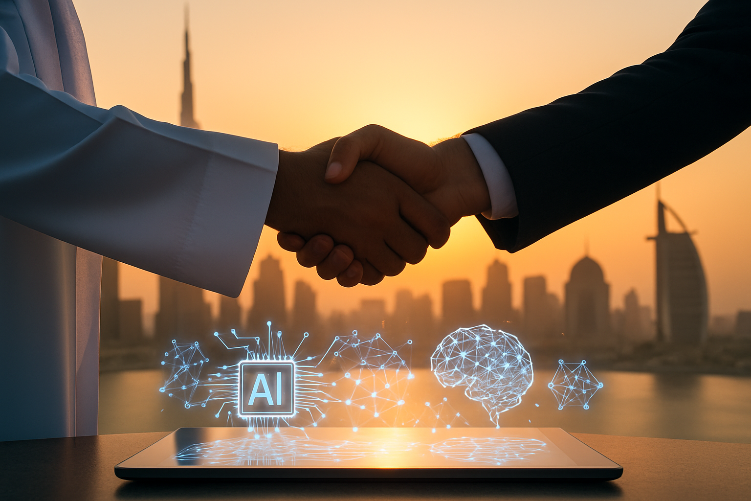 Digital handshake symbolizes AI soft power and diplomatic collaboration in MENA.