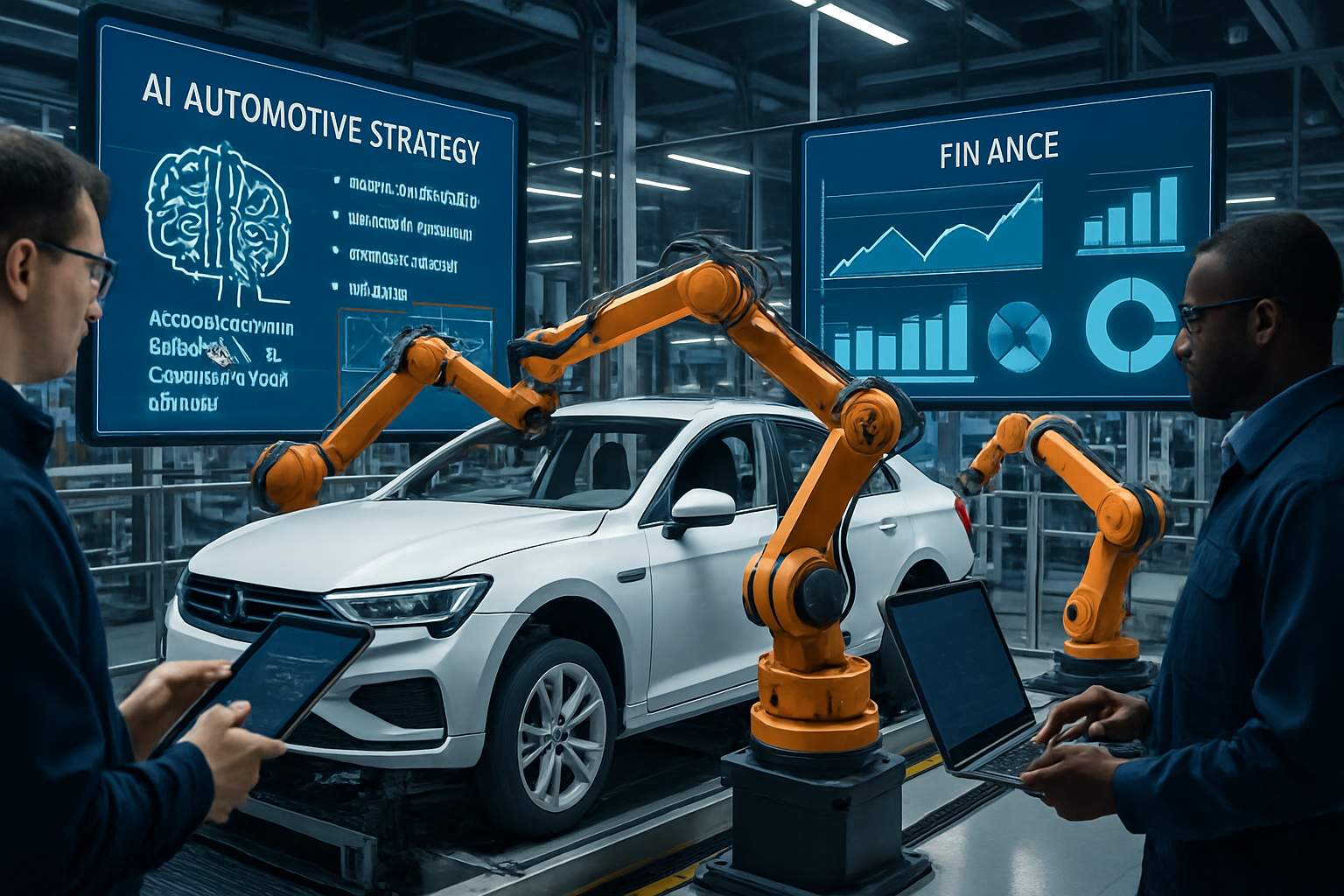 High-tech factory showing AI-driven Automotive Strategy and collaborative robotics.