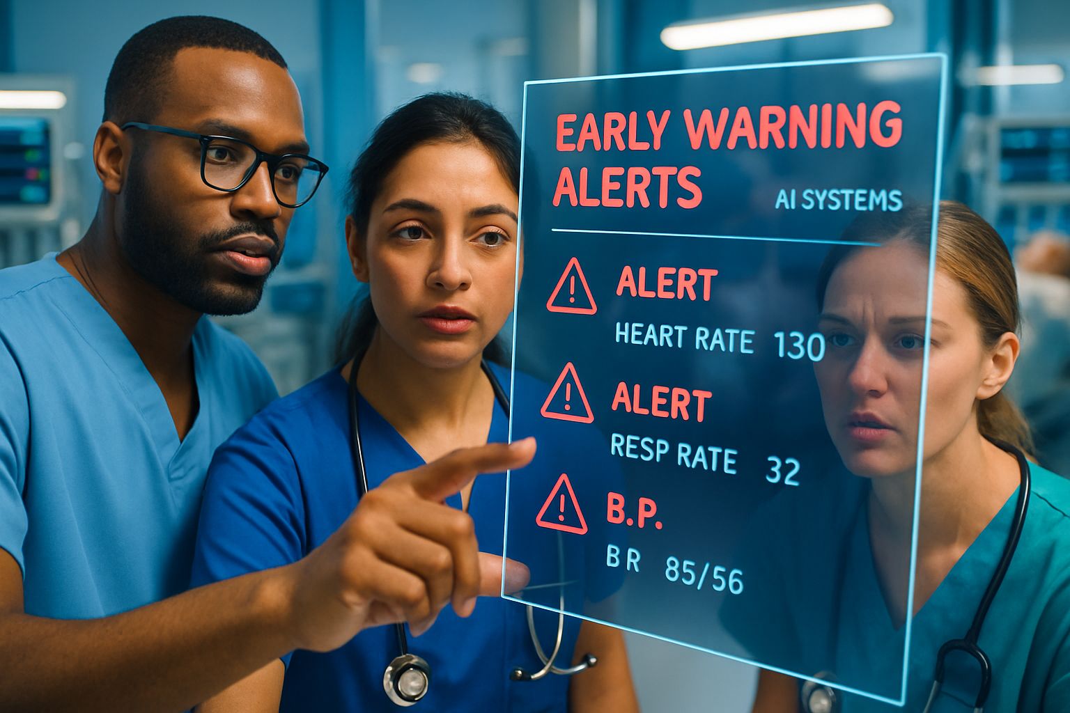 Healthcare AI alerts ICU staff to patient decline with advanced digital tools.