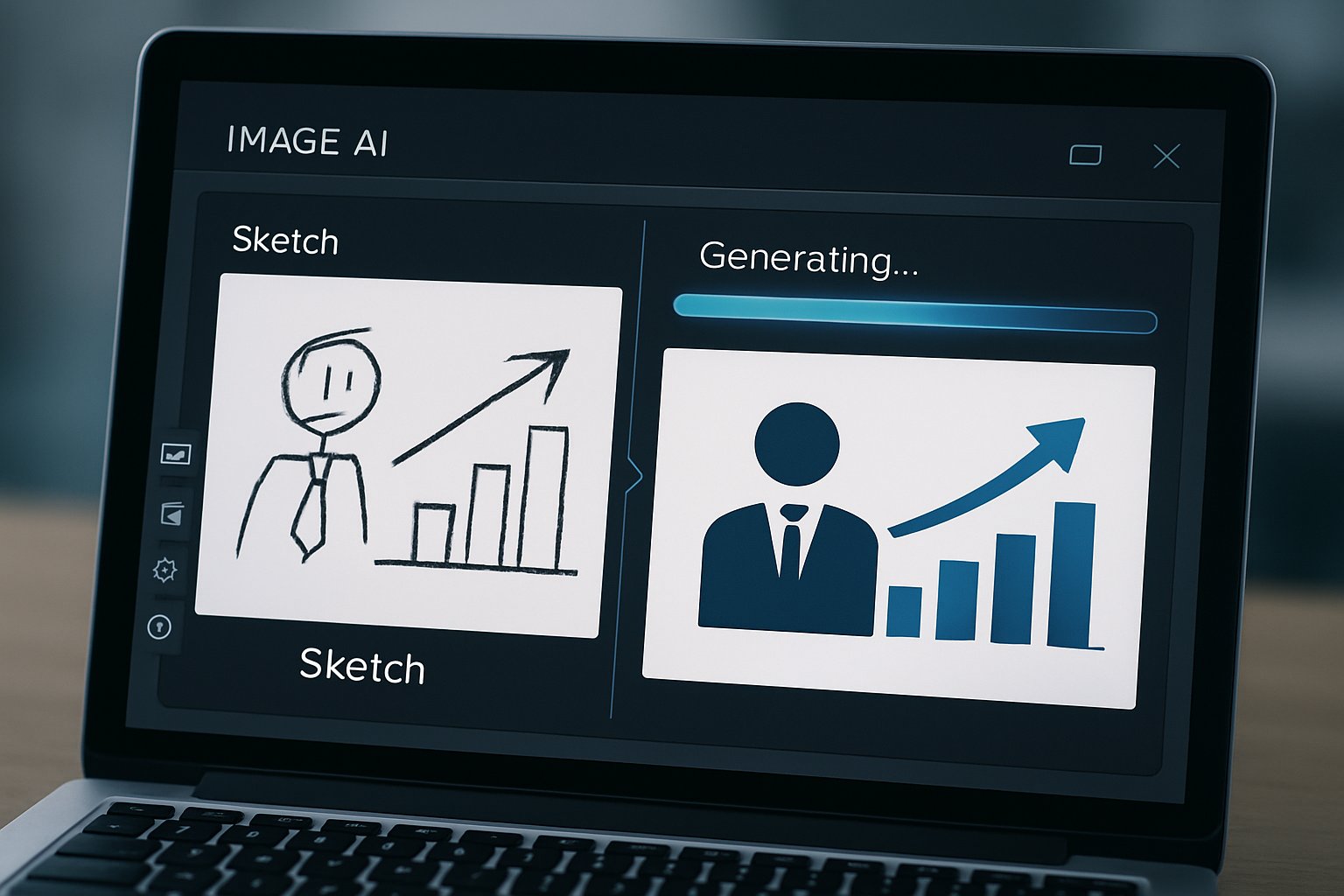 Proprietary image AI software transforming sketches to professional images.