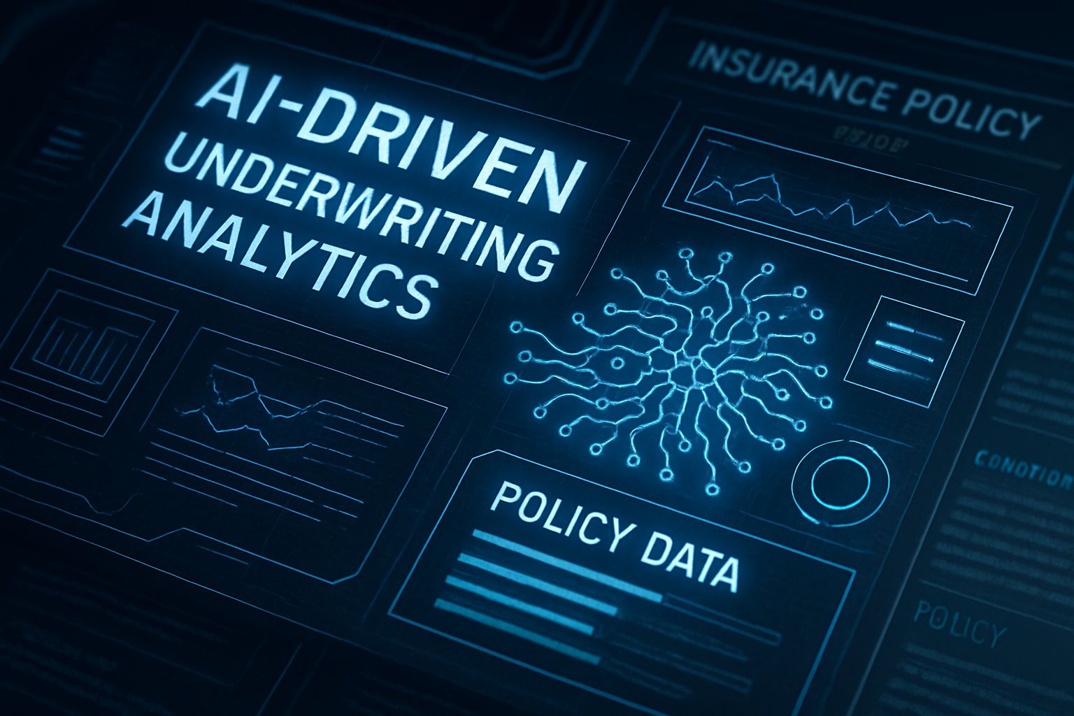 Insurtech platform showcases AI-powered underwriting analytics with digital graphs and documentation.
