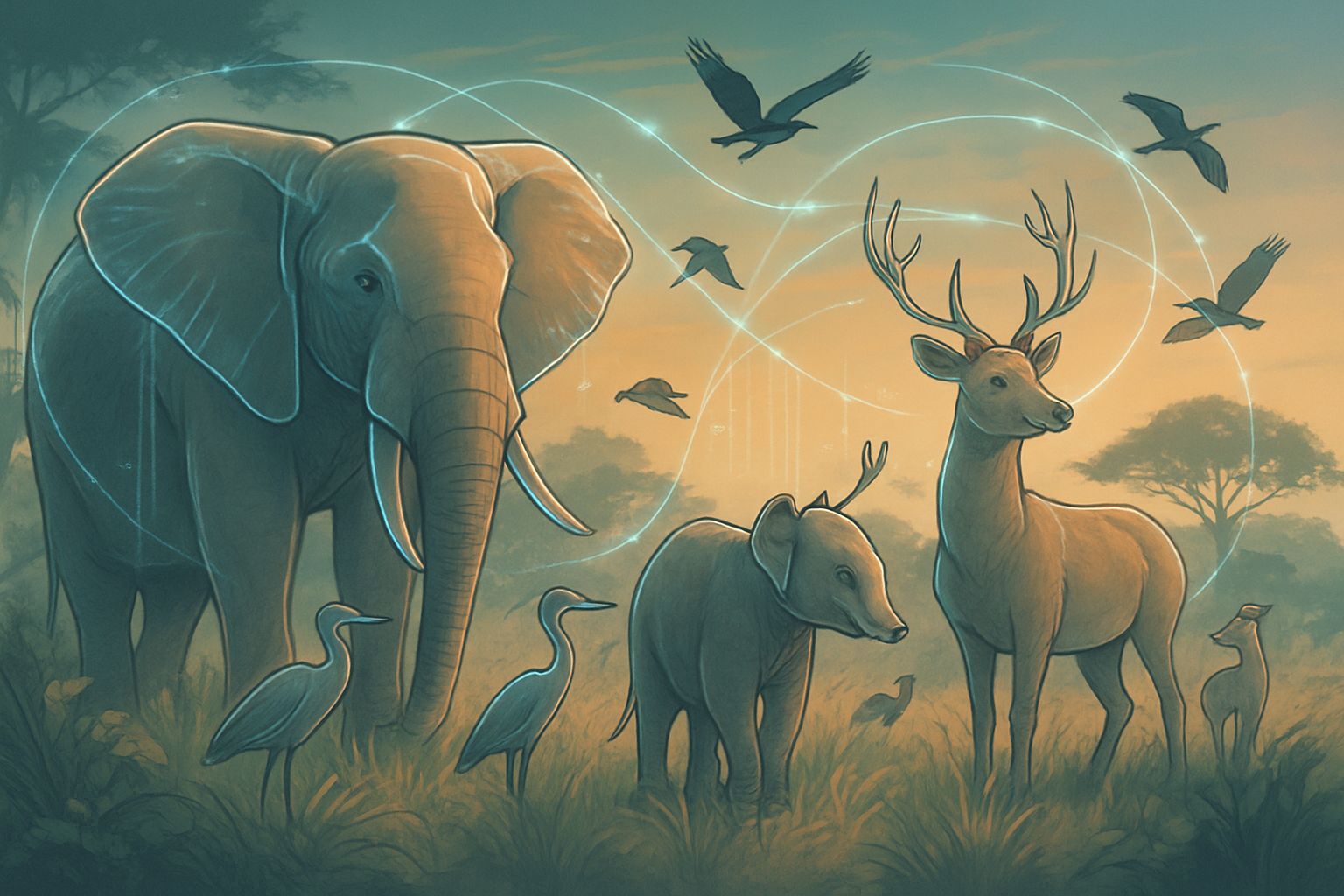 AI environmental conservation technology tracking wildlife with digital data streams.