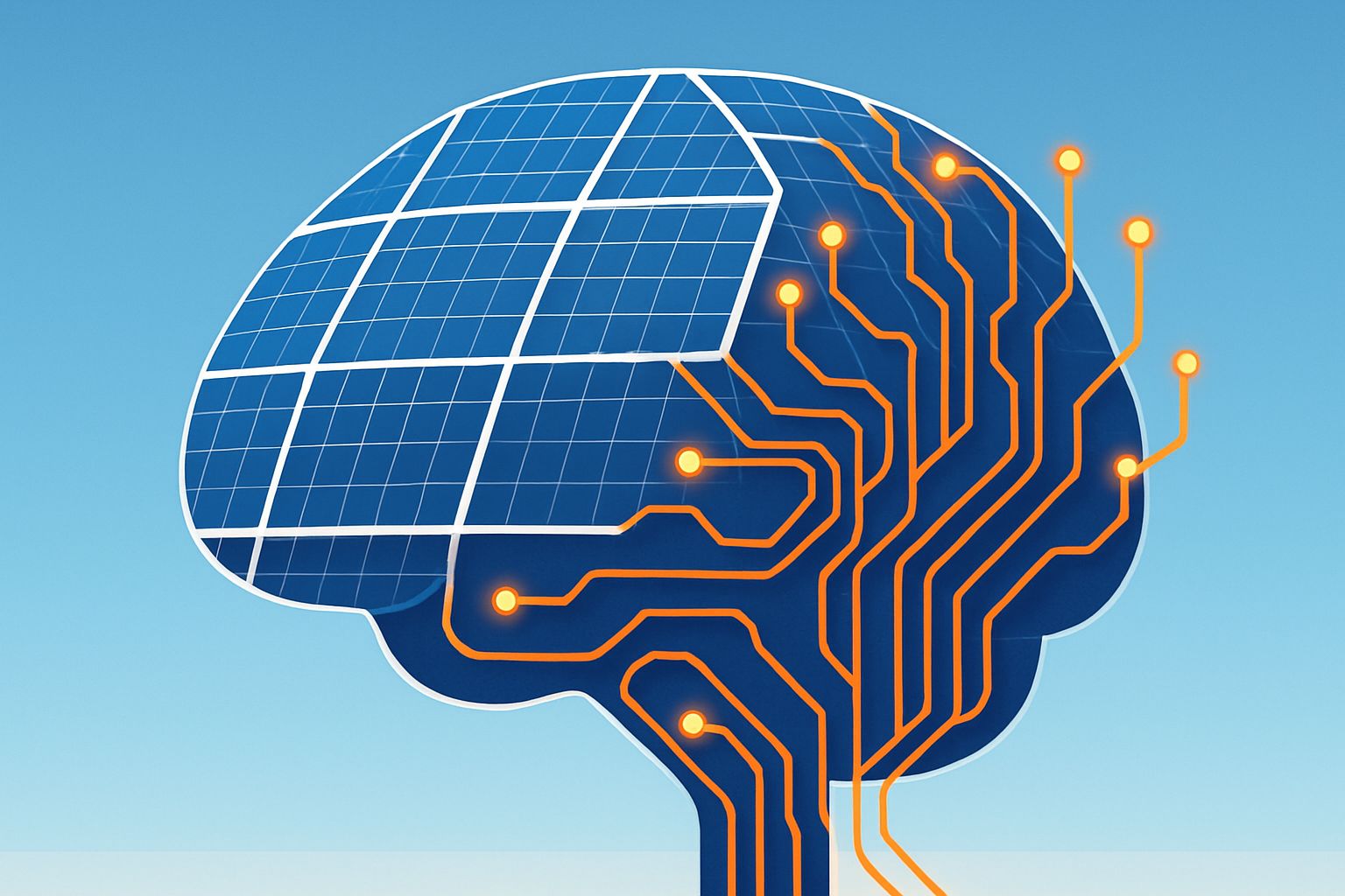 Energy AI visualized as AI-brain with solar panels improving renewable energy yield