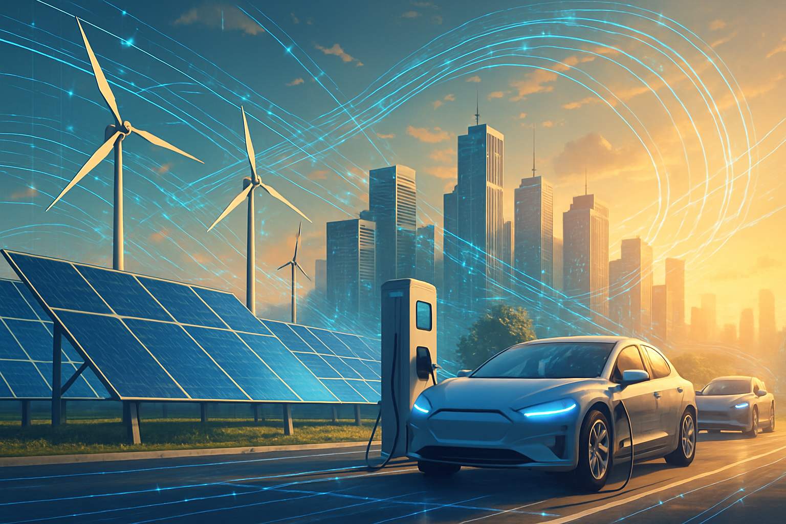 Smart power grid integrating Clean Tech like solar and wind under AI management.