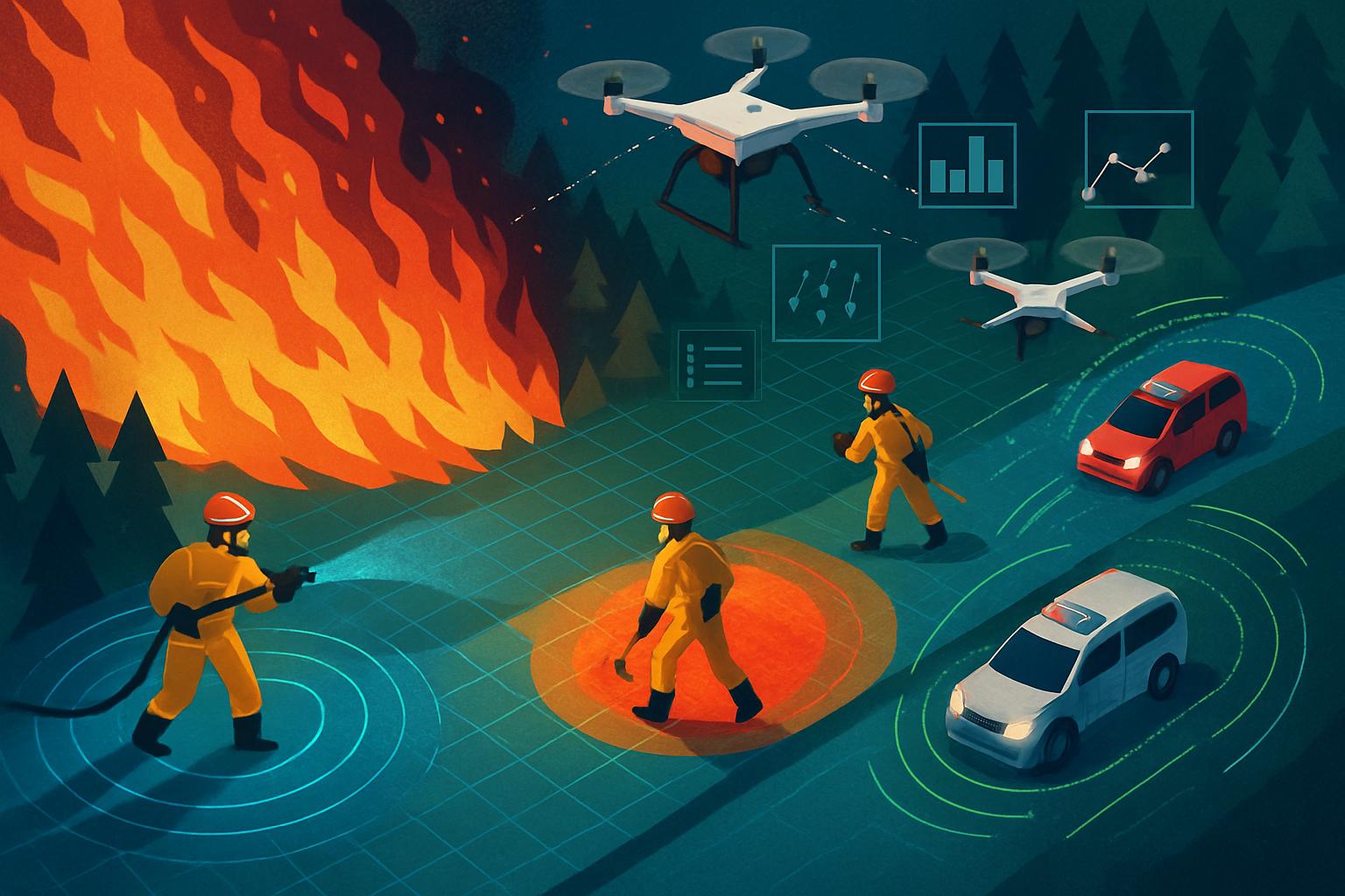 Environmental AI guiding wildfire response teams with data overlays.