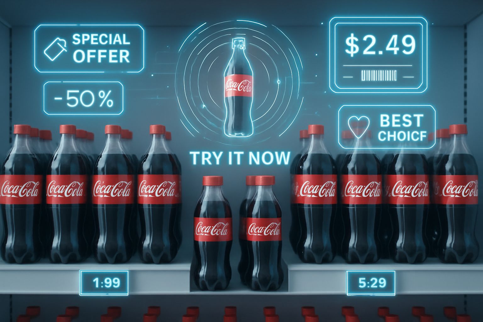 Retail shelf with Coca-Cola products and AI-driven marketing displays focused on consumer goods AI adoption.