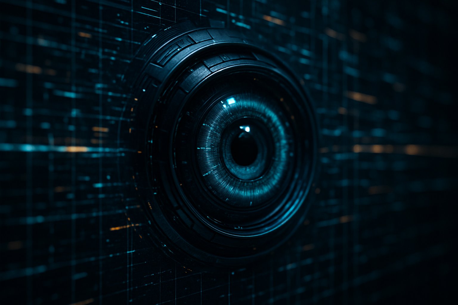 AI situational awareness depicted as a vigilant lens scanning dynamic digital data streams.