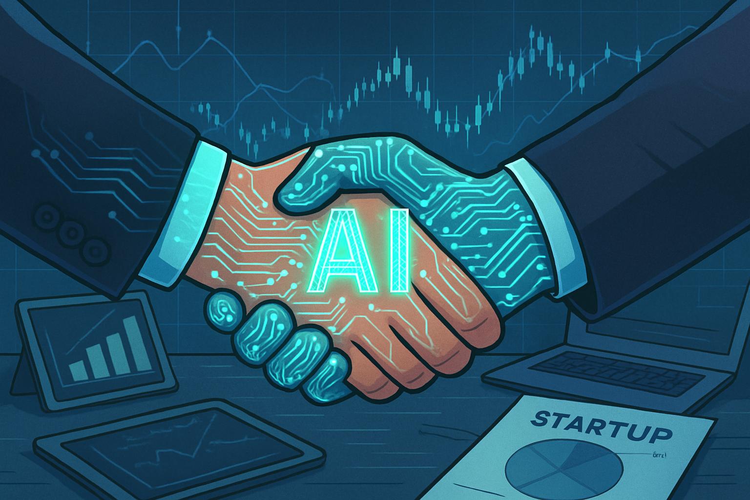 Startup Funding visualized by business leaders shaking hands over AI-themed charts and financial graphs.