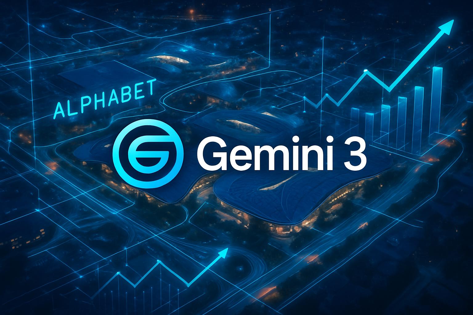 Alphabet campus with Gemini 3 launch boost symbols and upward AI revenue charts.
