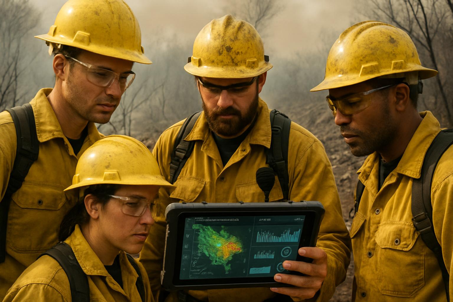 Wildfire crew reviews Environmental AI data on site for validation and response.