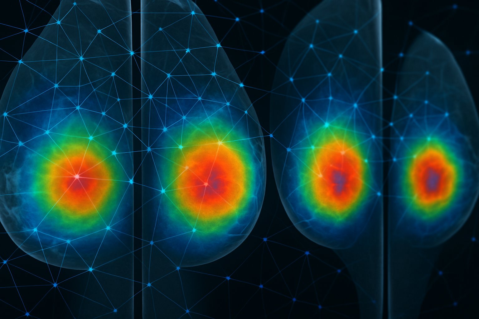 Neural network highlighting Breast Cancer risk zones on mammogram images.