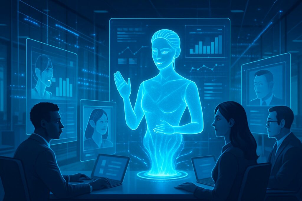 Conversational AI trend visualized with AI hologram interacting with customers in a digital center.