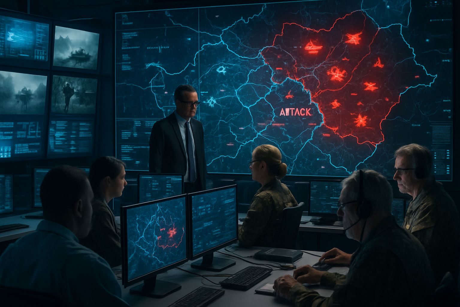 Command center utilizing AI for advanced battlefield decision support systems.