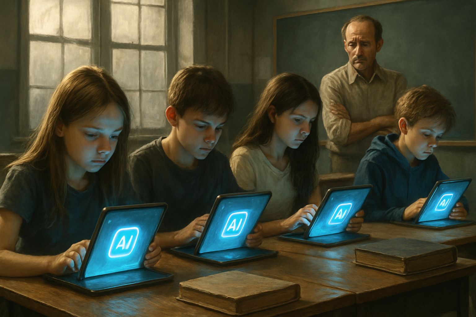 Students using AI devices reflecting Cognitive Impact in schools