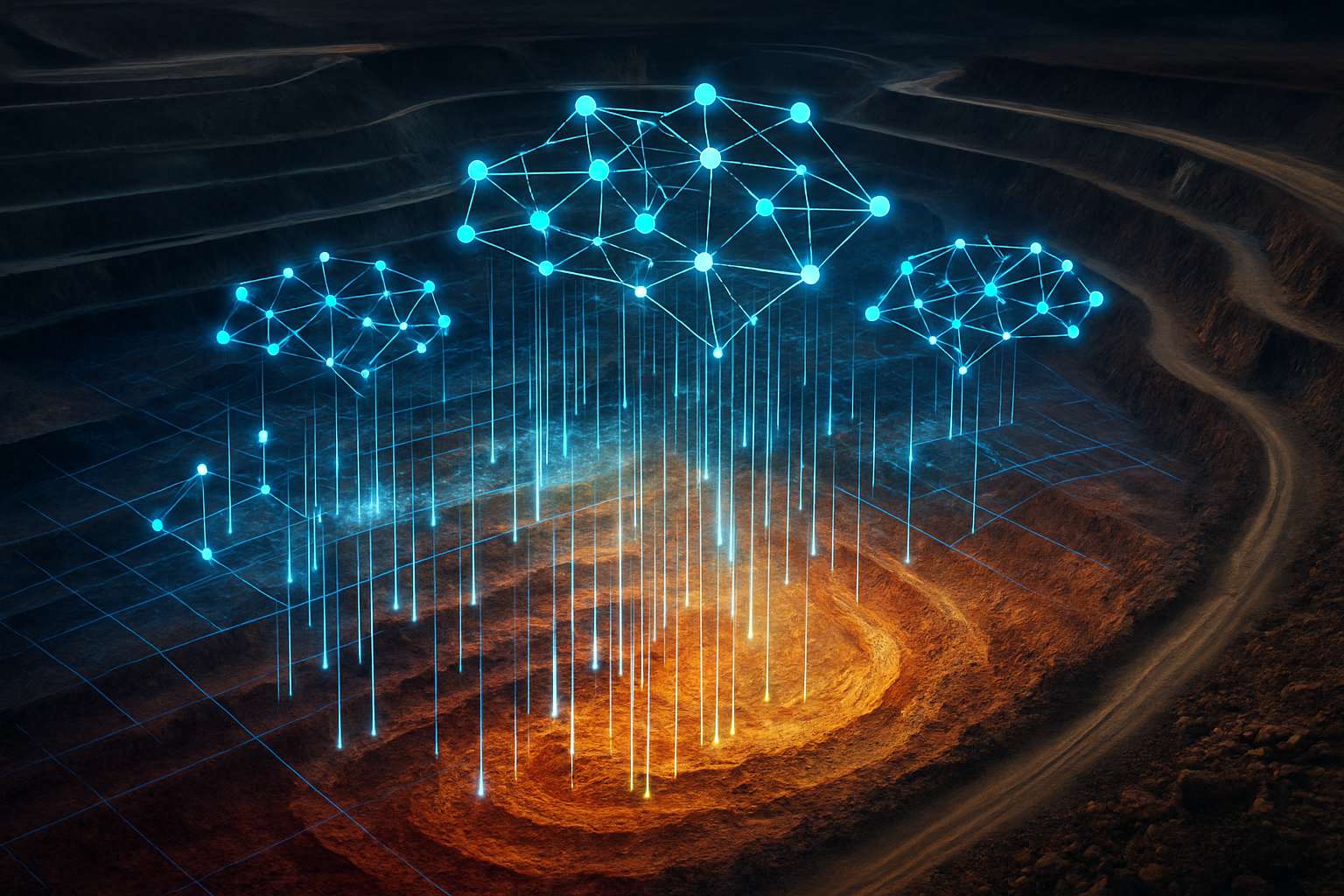 AI predictive models overlay mineral-rich earth layers in Resource Exploration context.
