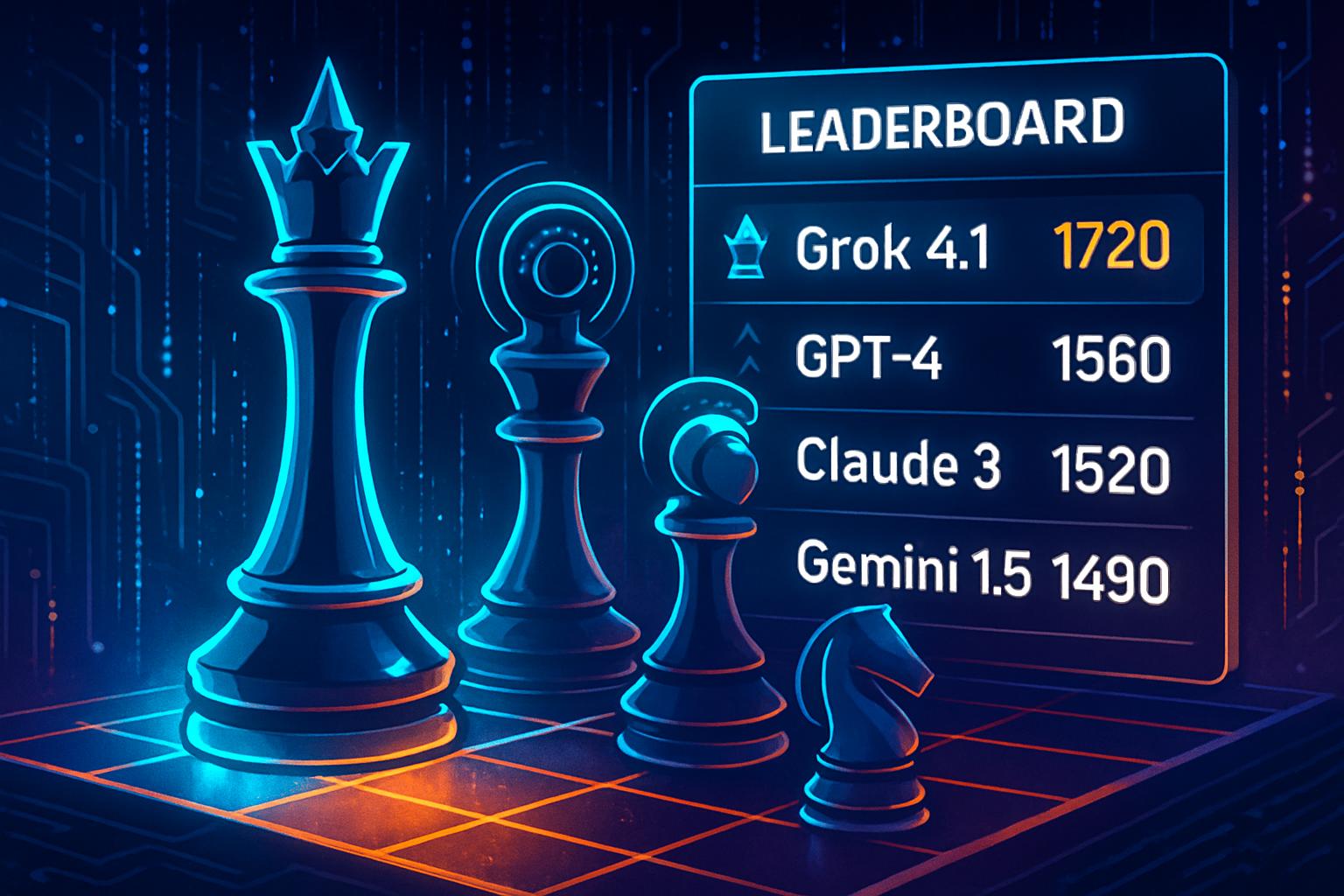 Leaderboard graphic illustrating AI benchmarking leadership using chess and Elo scores.